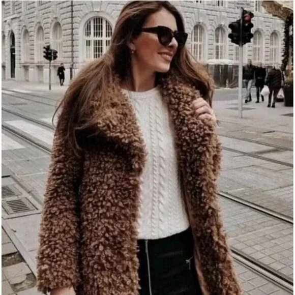 New Zara Outerwear Brown Fluffy Teddy Bear Curly Faux Fur Jacket Coat - Picture 3 of 12